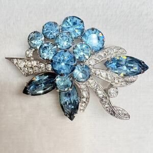 Signed Eisenberg Ice Blue Rhinestone Floral Spray Brooch, 1950s–60s Vintage